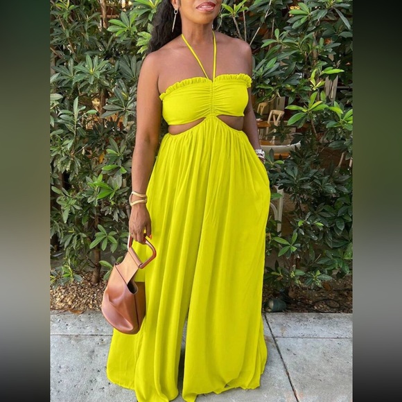 Boho cutout halter wide leg jumpsuit